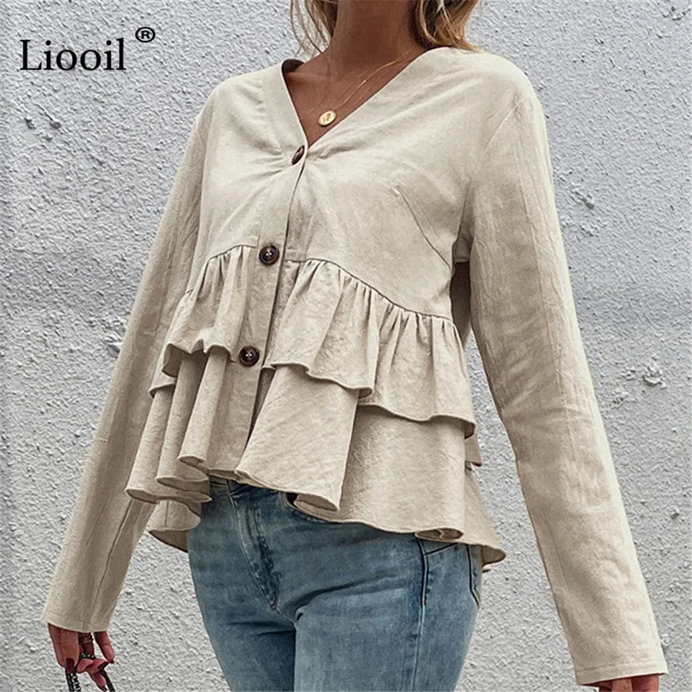 Liooil Ruffle Long Sleeve T Shirt V Neck Button Up Top Casual Shirt For Women Autumn Winter 2021 Patchwork Ladies Khaki Tops
Liooil Ruffle Long Sleeve T Shirt V Neck Button Up Top Casual Shirt For Women Autumn Winter 2021 Patchwork Ladies Khaki Tops