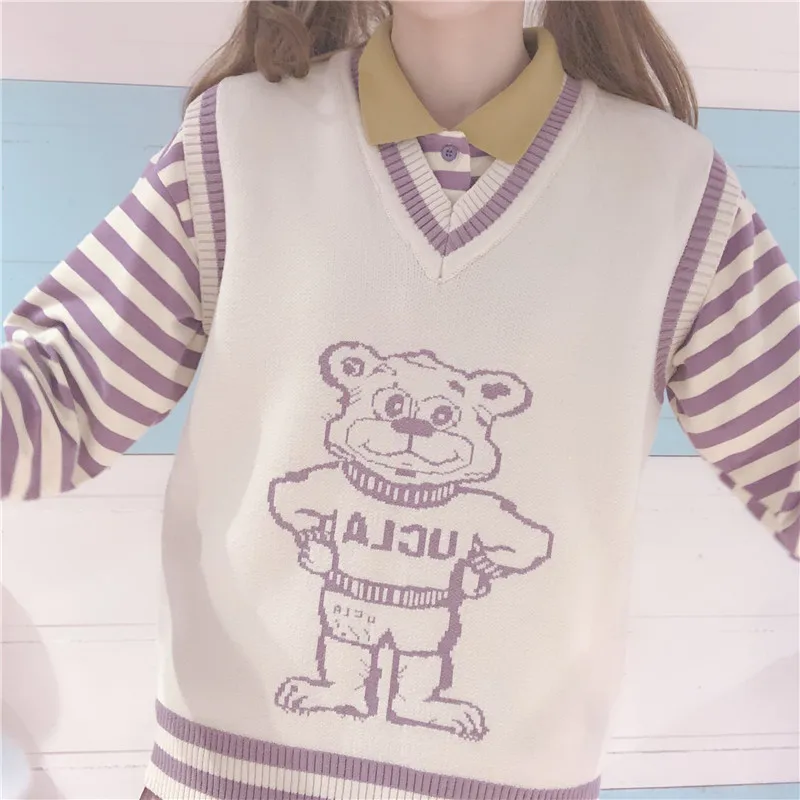 Japanese Girl Early Autumn Preppy Mori Harajuku Cartoon pullover Loose Sleeveless Vest V-neck Wear Out Women Jumper
Japanese Girl Early Autumn Preppy Mori Harajuku Cartoon pullover Loose Sleeveless Vest V-neck Wear Out Women Jumper