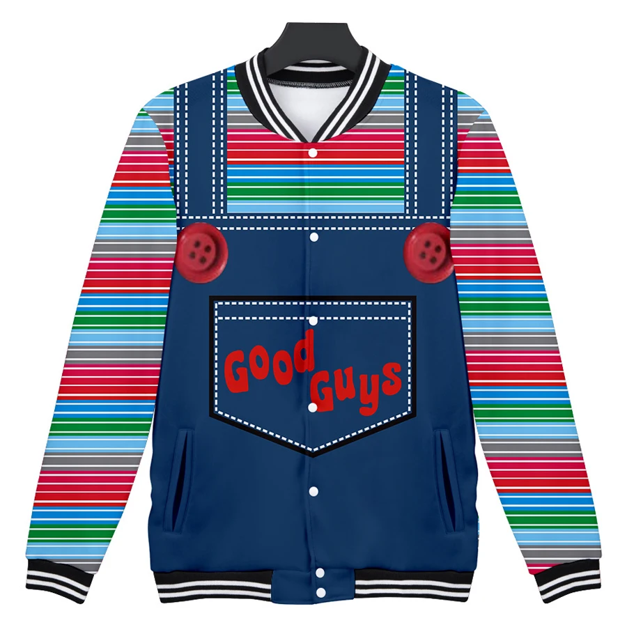 Horror Movie Good Guys Chucky 3D Baseball Jacket Men Bomber Jacket Outerwear Streetwear Hip Hop Baseball Uniform Cosplay Costume
Horror Movie Good Guys Chucky 3D Baseball Jacket Men Bomber Jacket Outerwear Streetwear Hip Hop Baseball Uniform Cosplay Costume
