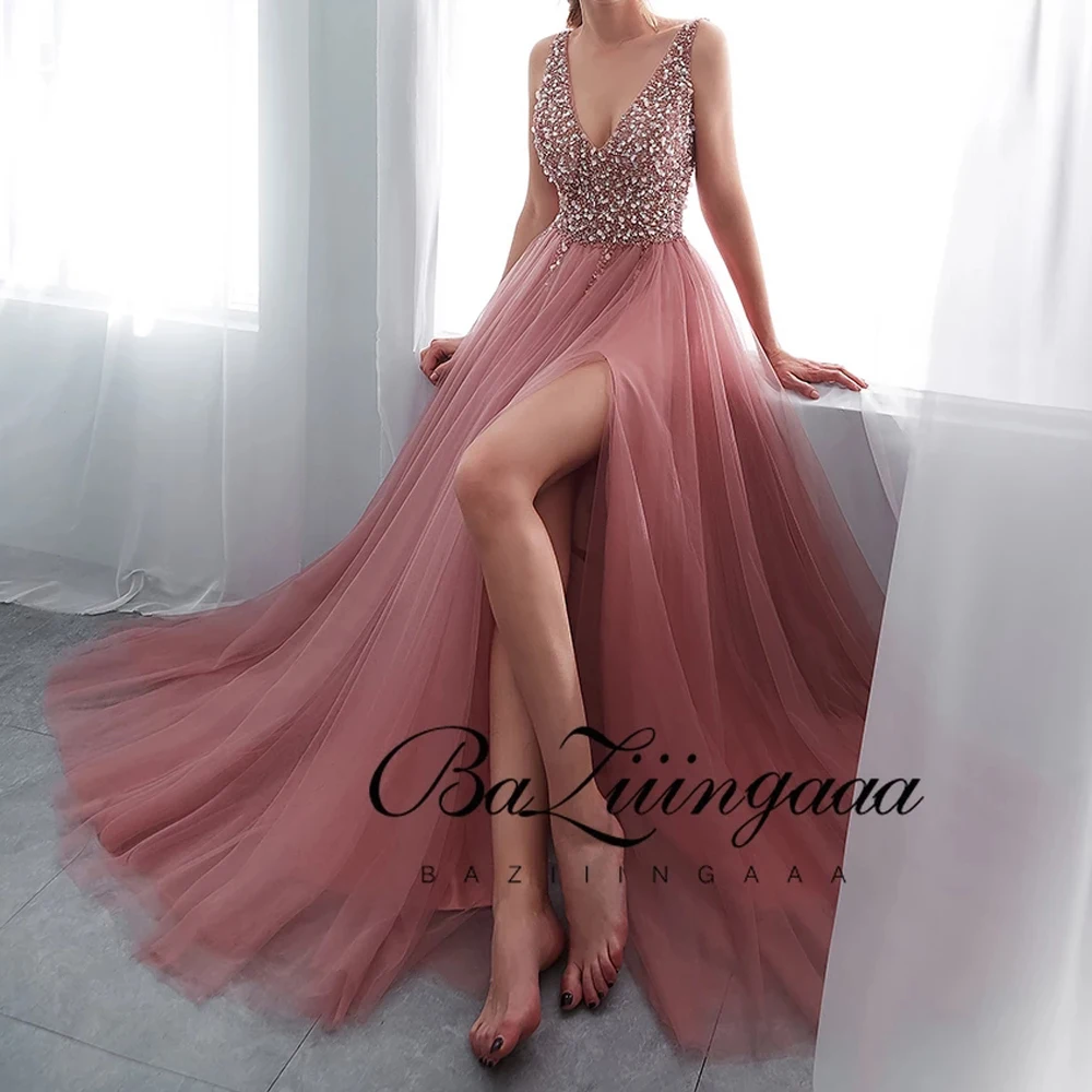 Dark Pink Prom Dresses Long 2021 V Neck Beading High Split Tulle Sweep Train Sleeveless Evening Gown A-Line Backless Vestido De
Dark Pink Prom Dresses Long 2021 V Neck Beading High Split Tulle Sweep Train Sleeveless Evening Gown A-Line Backless Vestido De
