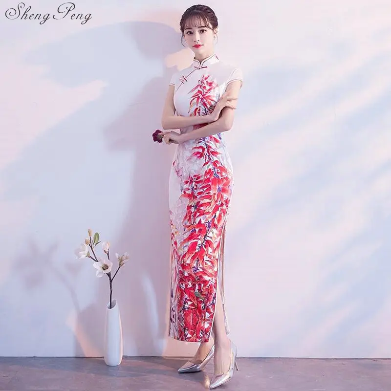 

2019 традиционное китайское платье, женское шелковое атласное платье-Ципао с коротким рукавом, длинное свадебное платье с разрезом и цветочн...