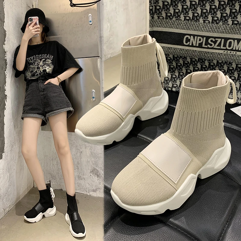 

High-top shoes flying woven socks shoes women's thick-soled increase 2021 new breathable socks boots Martin boots short boots