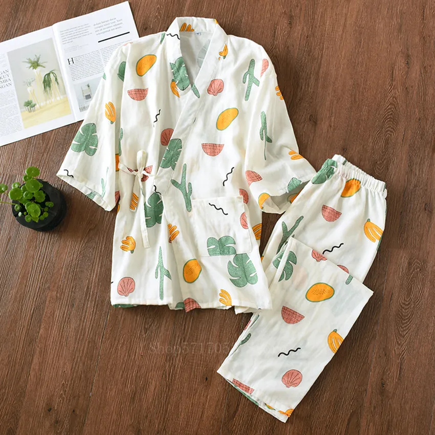 

Japanese Female Pure Cotton Pajamas Set Mid-sleeve Kimono Traditional Sleep Wear Suit Printing Causal Yukata Nightgown Homewear