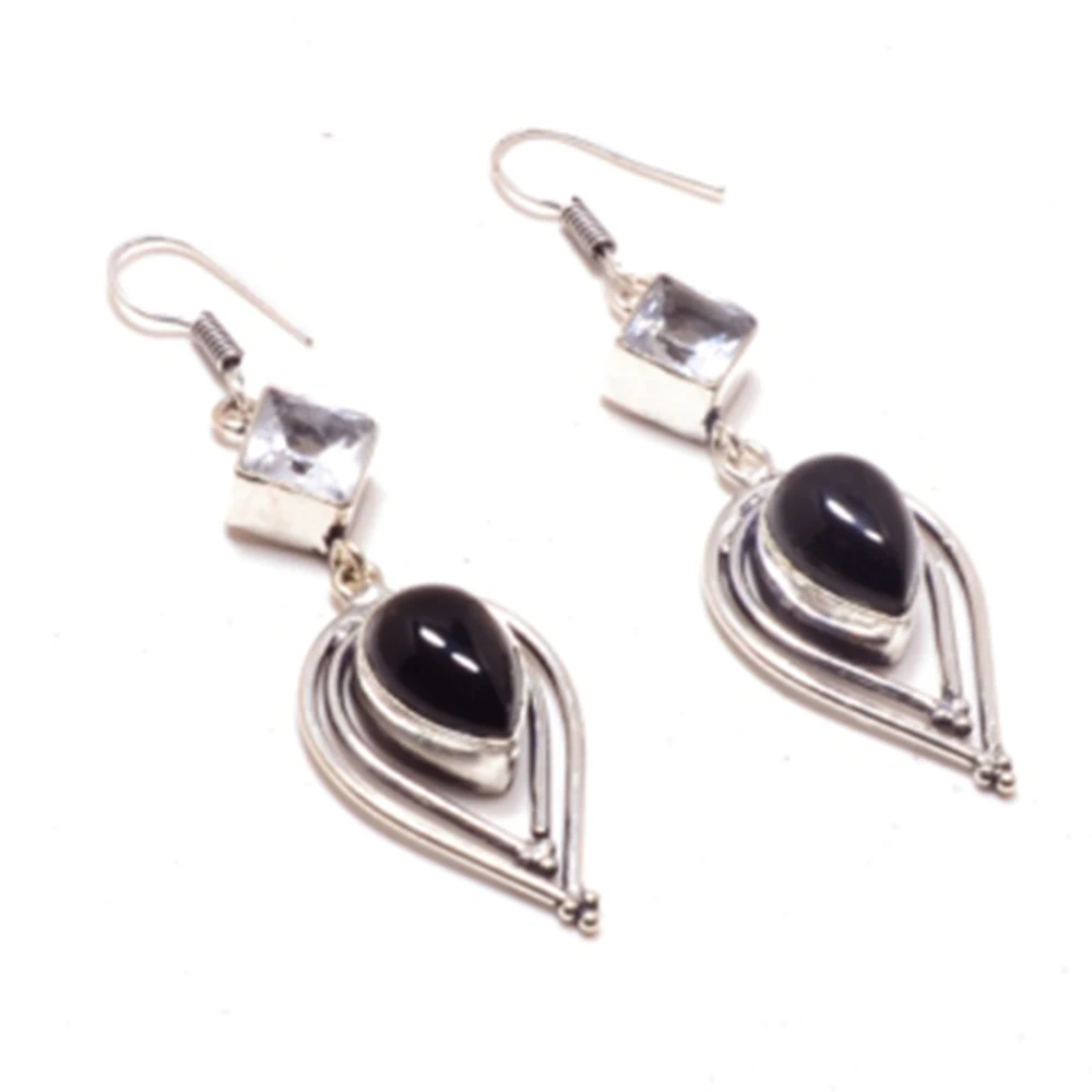 

Genuine Black Onyx + White Topaz Silvers Overlay on Copper Earrings , Hand made Women Jewelry Gift, E5145
