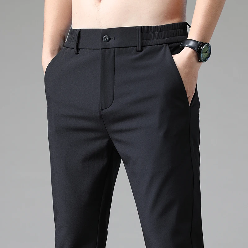 

Мужские брюки-джоггеры с эластичным поясом, черные/серые/синие брюки стрейч в Корейском стиле, повседневные облегающие деловые классически...