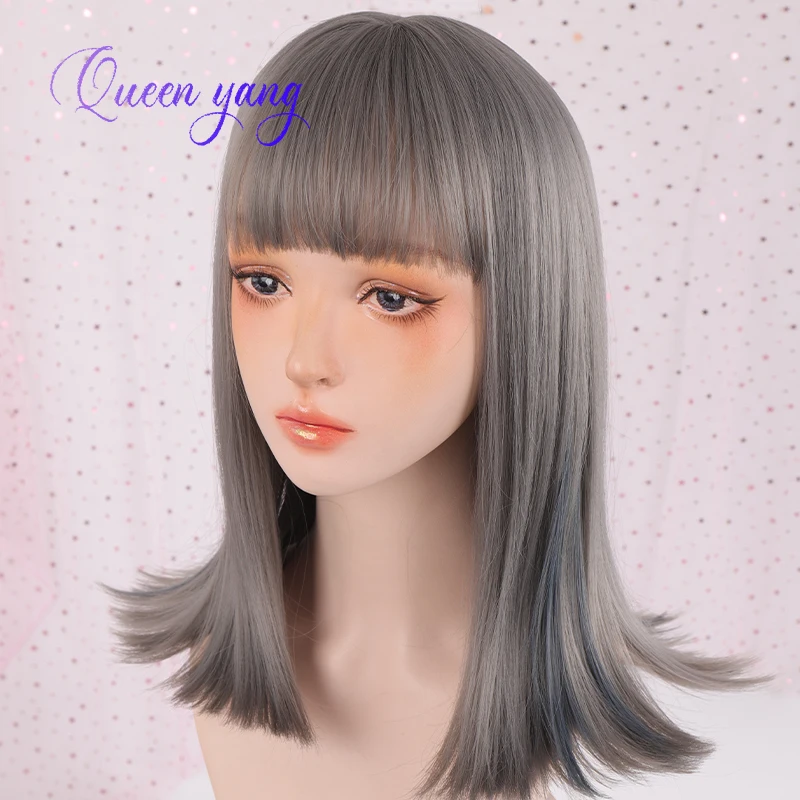 

QUEENYANG Synthetic Silver-gray Short Straight Hair And Slightly Curled Headgear With Bangs Matte High Temperature Silk