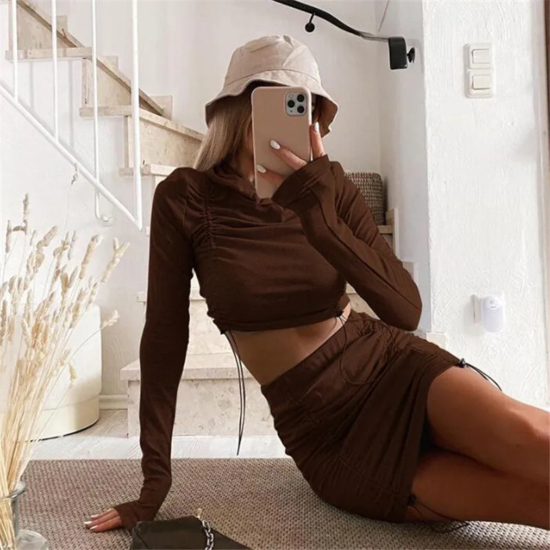 Sexy Two Piece Set Women Long Sleeve Drawstring Crop Top Mini Skirts Bodycon Casual 2 Piece Pullover Outfits Streetwear Clubwear
Sexy Two Piece Set Women Long Sleeve Drawstring Crop Top Mini Skirts Bodycon Casual 2 Piece Pullover Outfits Streetwear Clubwear