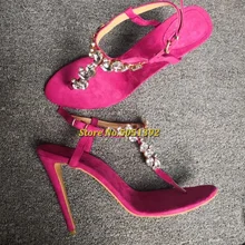 Crystal Stiletto Heel Sandals Rosy Red Cut Out T-bar Ankle Buckle High Heel Woman Summer Shoes Rhinestone embellished