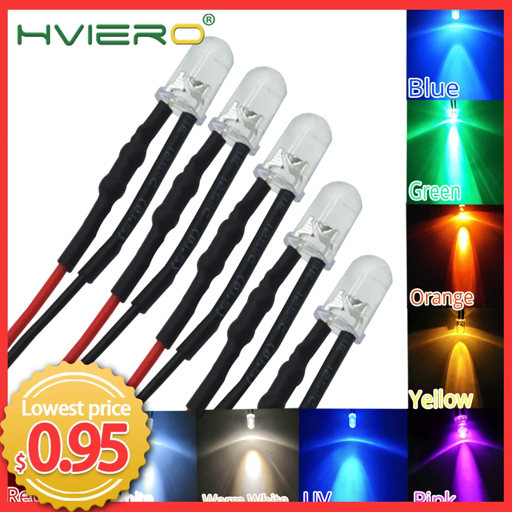 

5X F5 5mm Round 20cm Pre Wired DC 12V LED Lamp Light Bulb White Red Blue Green Yellow White Warm White Diode Emitting Diodes LED