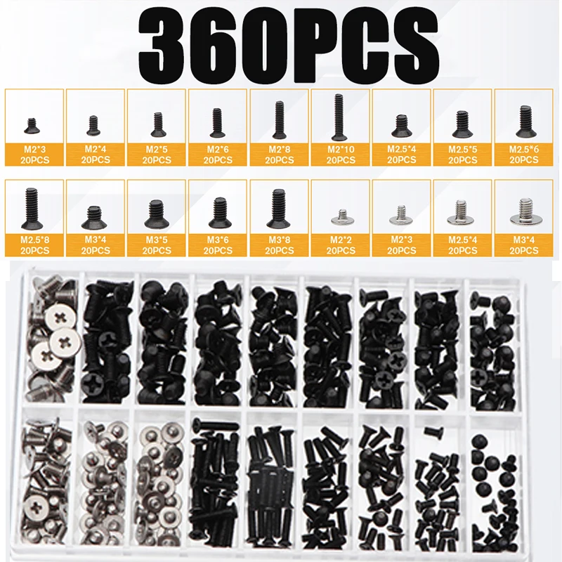 M2 M2.5 M3 360pcs Black/Silvery Notebook Screws Kit Flat Head Screws with Screwdriver for Dell Sony IBM HP Lenovo Screw
M2 M2.5 M3 360pcs Black/Silvery Notebook Screws Kit Flat Head Screws with Screwdriver for Dell Sony IBM HP Lenovo Screw