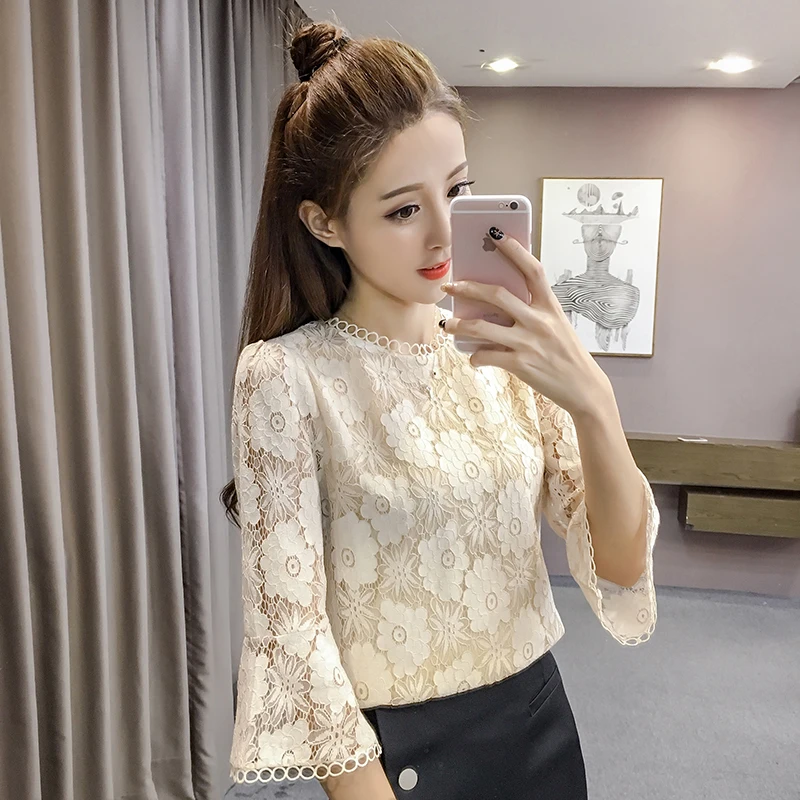 Spring/summer 2021 Three-quarter Sleeves Bottoming Shirt Hollow Flower Lace O Neck Slim Top Blouse Blusa
Spring/summer 2021 Three-quarter Sleeves Bottoming Shirt Hollow Flower Lace O Neck Slim Top Blouse Blusa