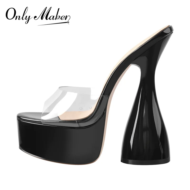 

Onlymaker Summer Women's Slip-On Sandals Peep Toe Black Patent Leather PVC Band Spike High Heel Slippers Large Size Casual