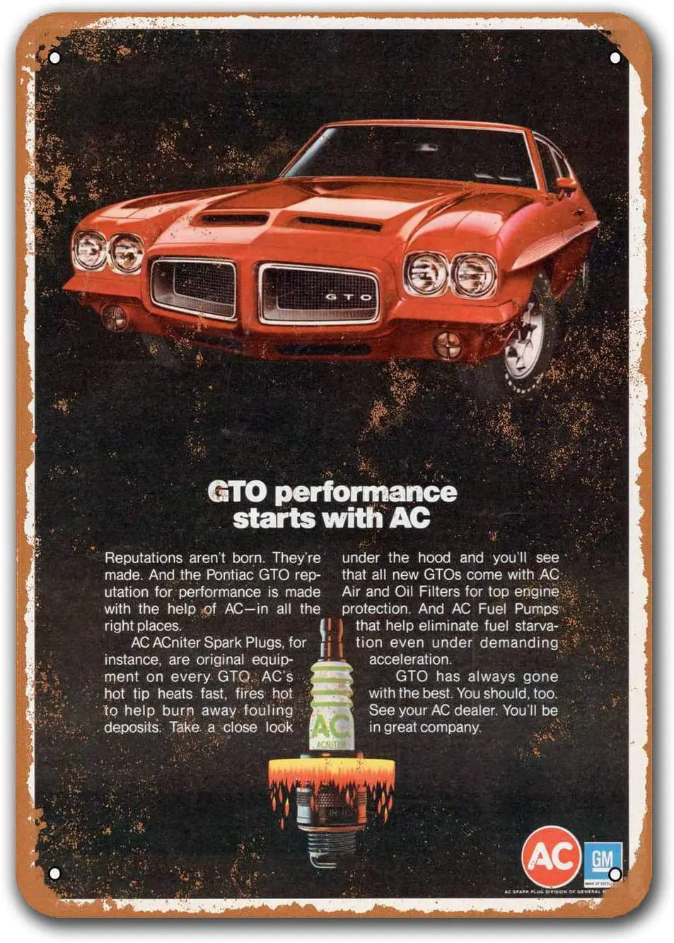1972 Pontiac GTO and AC Spark Plugs Vintage Tin Signs Cars, Sisoso Metal Plaques Poster Bar Man Cave Retro Wall Decor 8x12 inch
1972 Pontiac GTO and AC Spark Plugs Vintage Tin Signs Cars, Sisoso Metal Plaques Poster Bar Man Cave Retro Wall Decor 8x12 inch