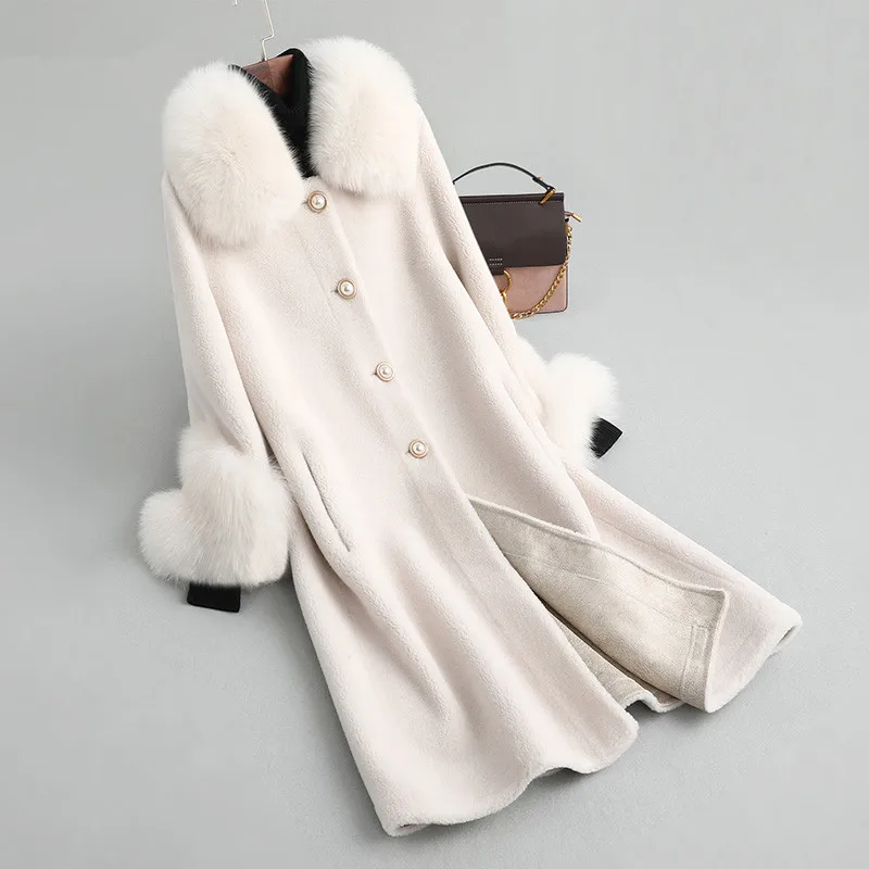 

Осенне-зимнее шерстяное пальто из овечьей шерсти, Женская куртка с натуральным мехом, теплый воротник из лисьего меха, женская зимняя куртк...