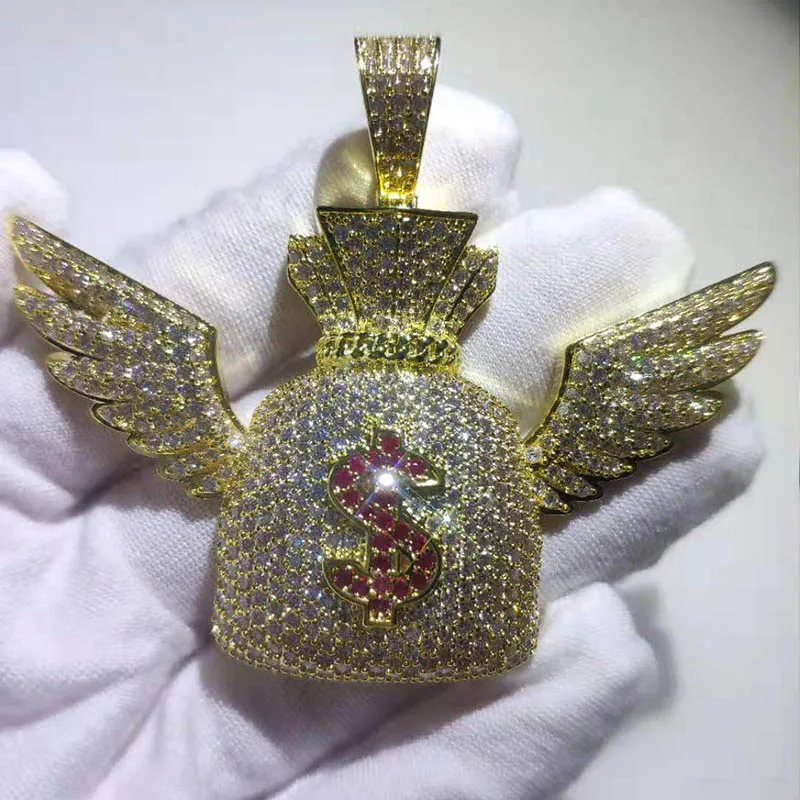 Hip Hop Angel Wing US Dollar Purse Money Bag Pendants Necklace AAA CZ Zircon Stone Setting Iced Out chian for Men Rapper Jewelry
Hip Hop Angel Wing US Dollar Purse Money Bag Pendants Necklace AAA CZ Zircon Stone Setting Iced Out chian for Men Rapper Jewelry