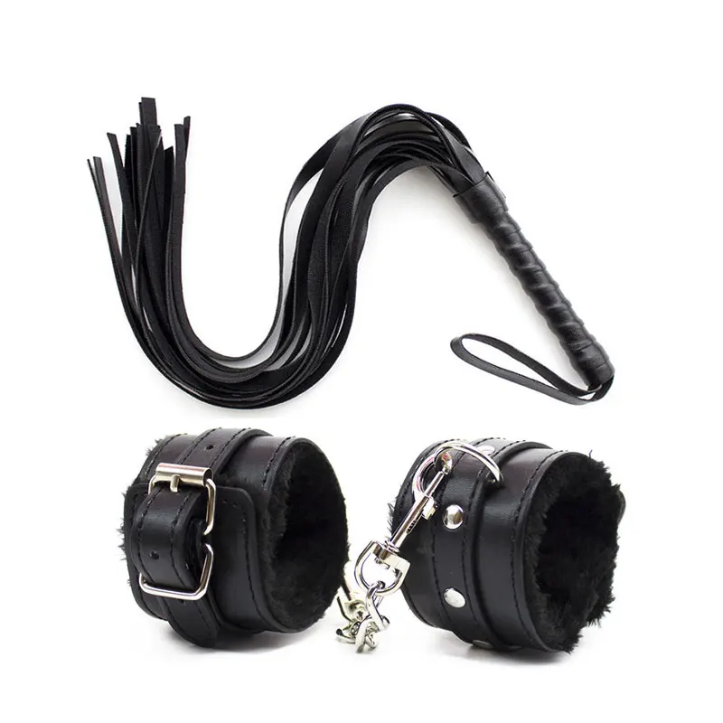 PU Leather Erotic BDSM Bondage Handcuffs Ankle Cuff Restraints With Whip Slave Sex Toys For Couple Adult Game Flogger