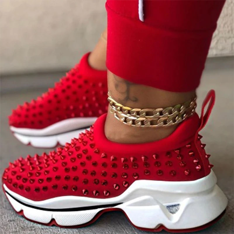 

2021 Sneakers Women Vulcanized Woman Rivet Sports Shoes Female Platform Wedges Ladies Leopard Casual Slip On Footwear Plus Size