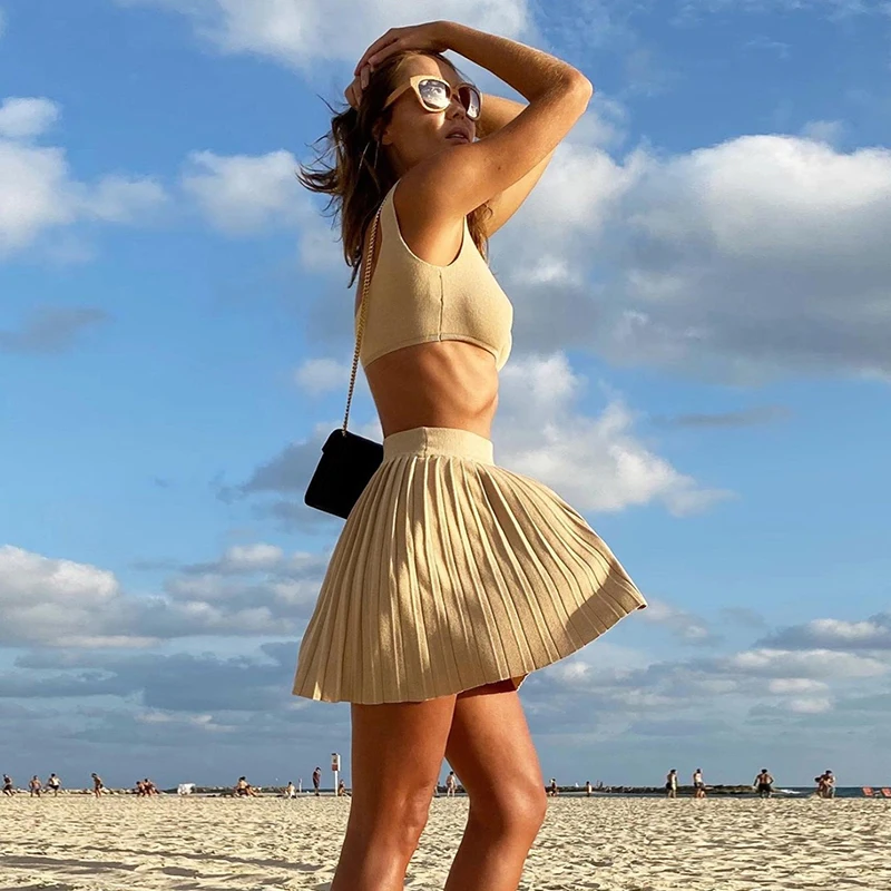 2 Piece Set Knitted Women Ribbed Pleated Mini Skirt Sets Summer Sexy Bodycon Corset Top High Waist Beach Skirts Suit 
2 Piece Set Knitted Women Ribbed Pleated Mini Skirt Sets Summer Sexy Bodycon Corset Top High Waist Beach Skirts Suit