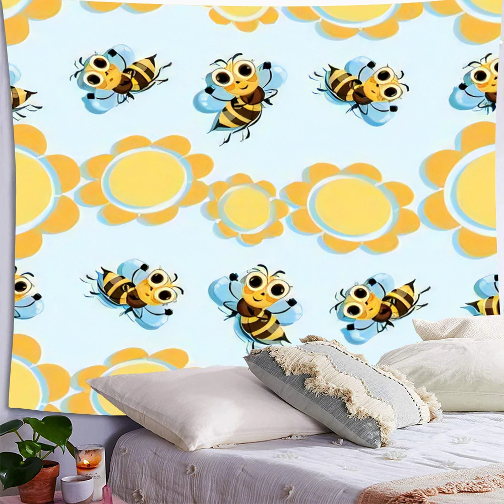 

Cartoon Bee Tapestry Sunflower Wall Hanging Room Decor for Bedroom Aesthetic Cute Home Decoration Background Cloth Wall Tapestry