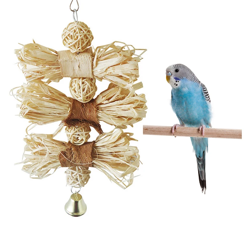 

Bird Parrot Toy Wooden Raffia Grass Birds Chew Bite Hanging Cage Swing Climb Chew Toys with Bell Natural Loofah Vine Parrot Toys