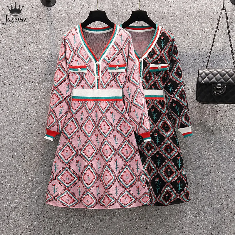 2021Autumn Winter Elegant Knit Dress High Quality Women V Neck Long Sleeve Geometric Pattern Sweater Dress Femme Casual Vestidos
2021Autumn Winter Elegant Knit Dress High Quality Women V Neck Long Sleeve Geometric Pattern Sweater Dress Femme Casual Vestidos