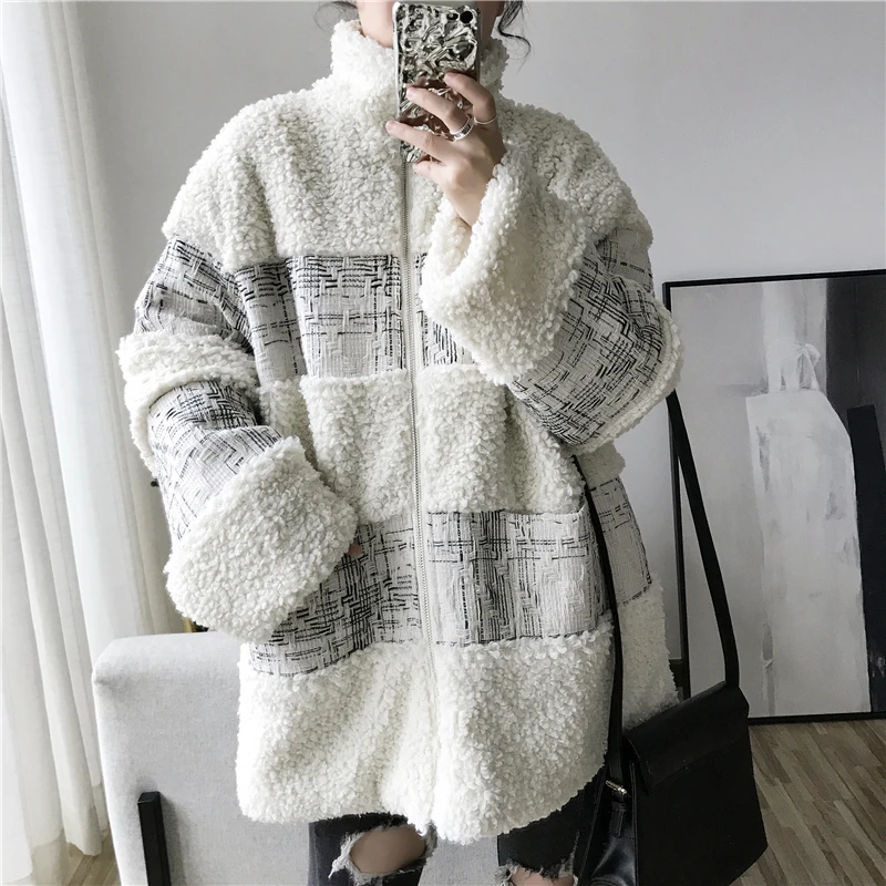 EWQ / 2019 New Fashion Autumn Winter Lapel Stitched Lamb Coat Men Beige High Street Loose Casual Tide Korean Male 9A351 |