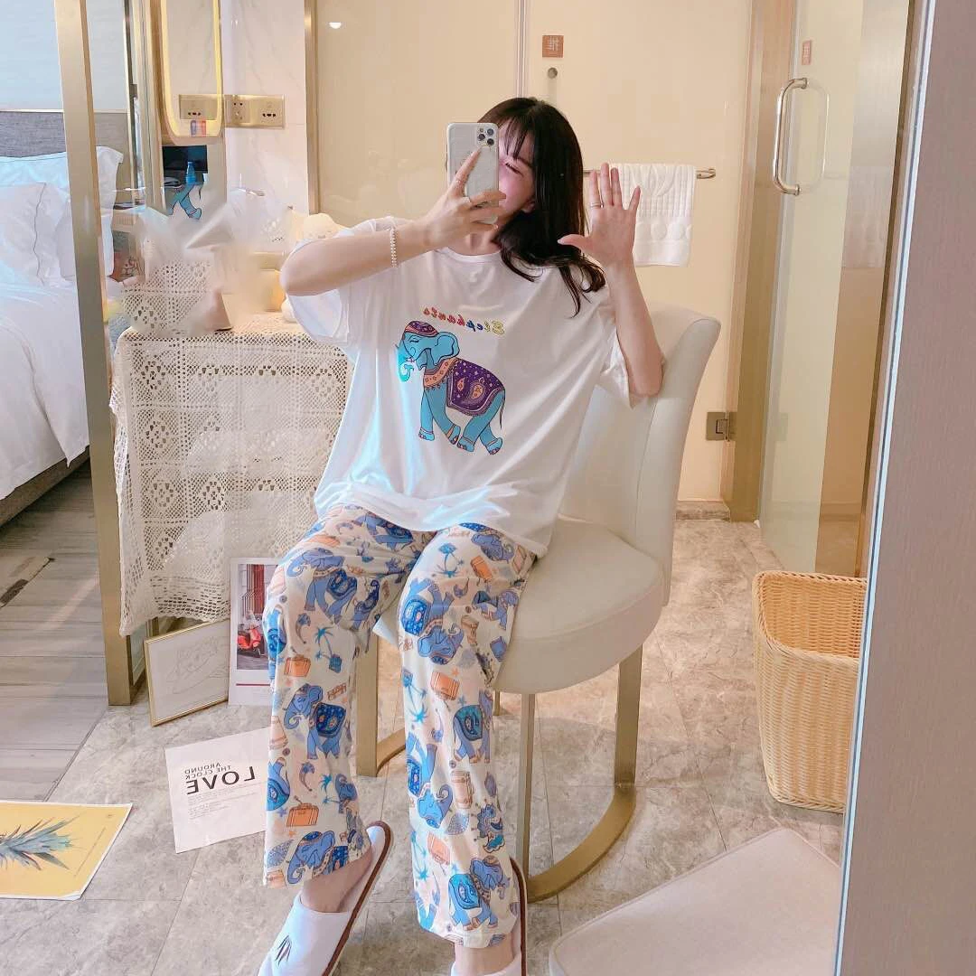 Summer Plus Size Pajamas Sets Short Sleeve Top Trousers 2 Piece Set Cartoon Pijama Femme Sleepwear Home Service Loose Nightwear
Summer Plus Size Pajamas Sets Short Sleeve Top Trousers 2 Piece Set Cartoon Pijama Femme Sleepwear Home Service Loose Nightwear
