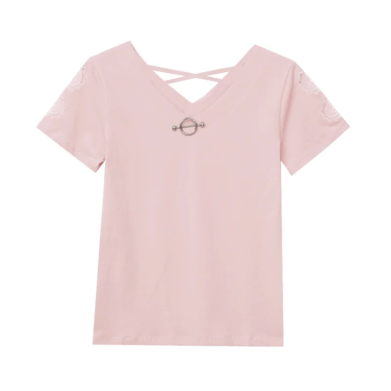 Hollow Out Floral Pink T Shirt Women Cotton Summer Tops Camisas Mujer T-Shirt Short Sleeve Woman Clothes Black Tee Femme | Женская