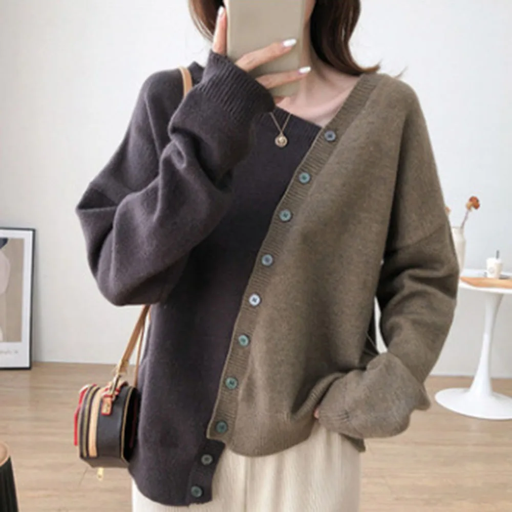 Korean Fashion Women Patchwork Knits Sweater Leak Single-breasted Long Sleeve V-neck Pullover Loose Autumn Winter Female Tops
Korean Fashion Women Patchwork Knits Sweater Leak Single-breasted Long Sleeve V-neck Pullover Loose Autumn Winter Female Tops