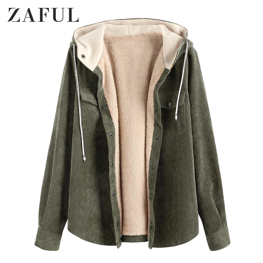 

ZAFUL Corduroy Fleece Lining Hooded Jacket Women Pocket Warm Casual Outwear Long Coat Autumn Winter Ladies Hoodies Overcoat