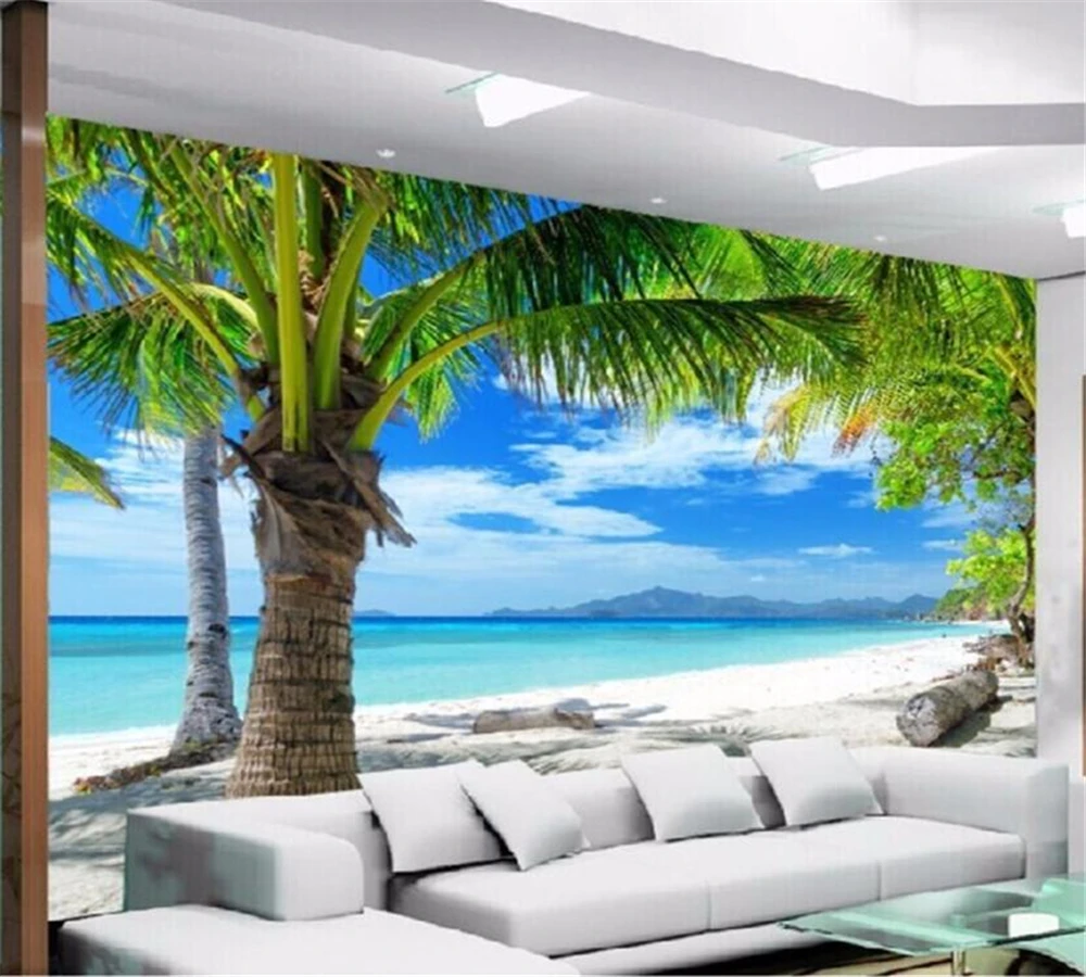 

beibehang Customized fashion wallpaper 3D mural photos beautiful blue sky white clouds beach lake coconut scenery background