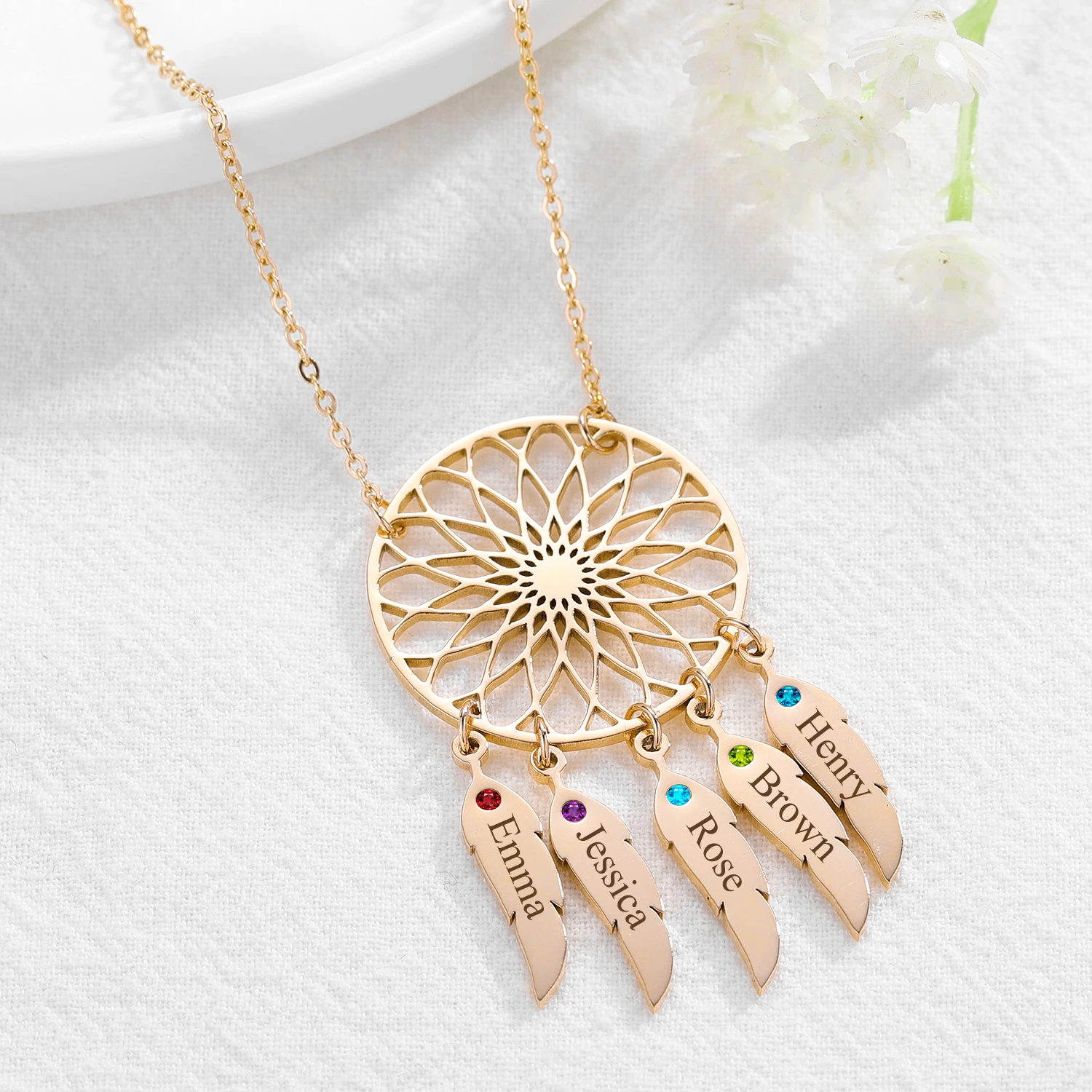Custom Dream Catcher Name Necklace With Birthstone Personalized Feather Names Necklaces Indian Mandala Lotus Jewelry For Family
Custom Dream Catcher Name Necklace With Birthstone Personalized Feather Names Necklaces Indian Mandala Lotus Jewelry For Family