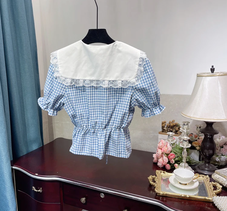 2021 Summer Tops Korean Style Lace Stitching Doll Collar Slim Shirt Ruffled Lace Patchwork Plaid Blouse Short Sleeve Blusas
2021 Summer Tops Korean Style Lace Stitching Doll Collar Slim Shirt Ruffled Lace Patchwork Plaid Blouse Short Sleeve Blusas