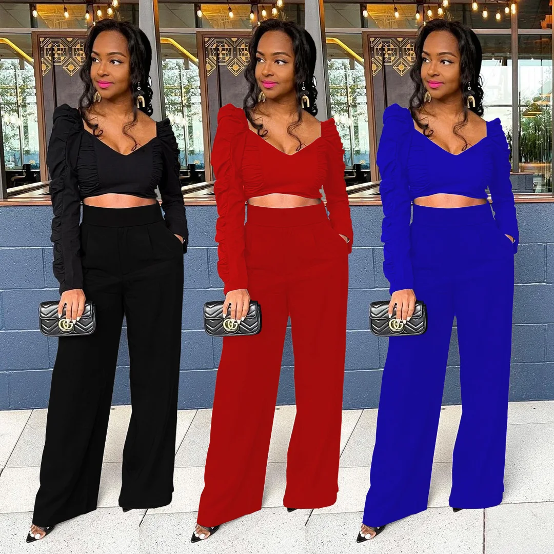Solid Pile Up Sleeves V Neck Ruched Crop Top + High Waist Wide Leg Pants Two Piece Set Women Casual Pockets Streetwear Outfits 
Solid Pile Up Sleeves V Neck Ruched Crop Top + High Waist Wide Leg Pants Two Piece Set Women Casual Pockets Streetwear Outfits