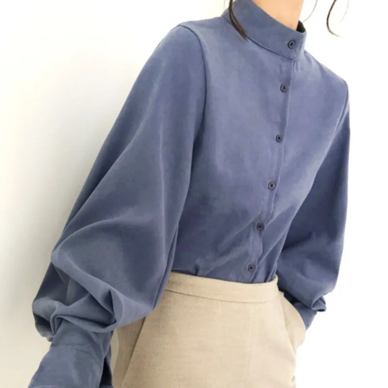 Women Big Lantern Sleeve Blouse Female Single Breasted Stand Collar Shirts Office Work Blouse Vintage White Shirts Autumn 2021
Women Big Lantern Sleeve Blouse Female Single Breasted Stand Collar Shirts Office Work Blouse Vintage White Shirts Autumn 2021