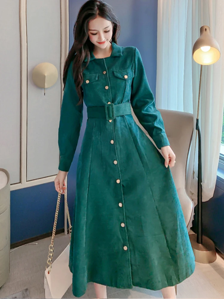 Женское вельветовое платье с отложным воротником, Элегантное Длинное однобортное Платье-туника с поясом и длинным рукавом, Осень-зима 2021
Женское вельветовое платье с отложным воротником, Элегантное Длинное однобортное Платье-туника с поясом и длинным рукавом, Осень-зима 2021