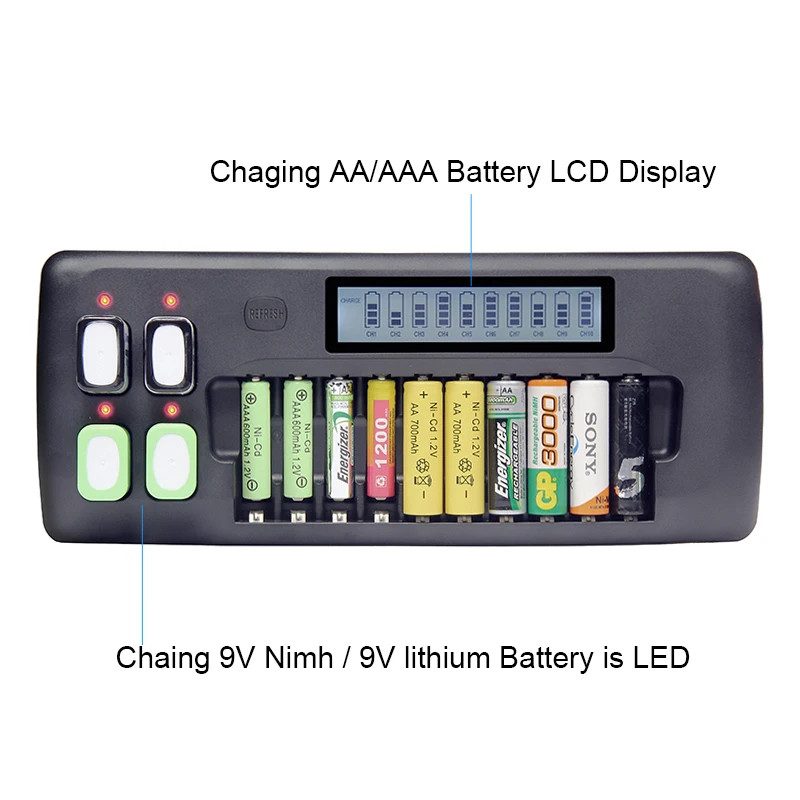 Battery Charger 14 Slot 1.2V for AA AAA 9V Rechargeable Batteries LCD Display Smart Ni-Cd LI-ION NI-MH Battery Charger
Battery Charger 14 Slot 1.2V for AA AAA 9V Rechargeable Batteries LCD Display Smart Ni-Cd LI-ION NI-MH Battery Charger