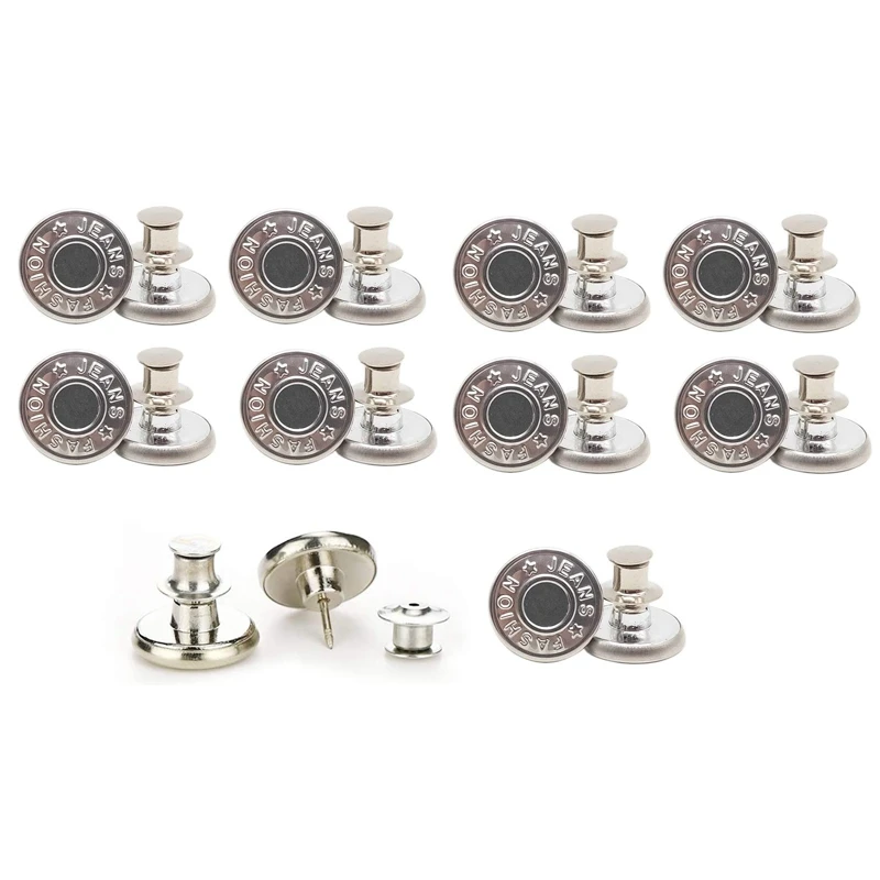10 Pc Button Pins for Jeans, No Sew and No Tools Instant Jean Button Pins for Pants,Reusable and Adjustable (Silver)
10 Pc Button Pins for Jeans, No Sew and No Tools Instant Jean Button Pins for Pants,Reusable and Adjustable (Silver)