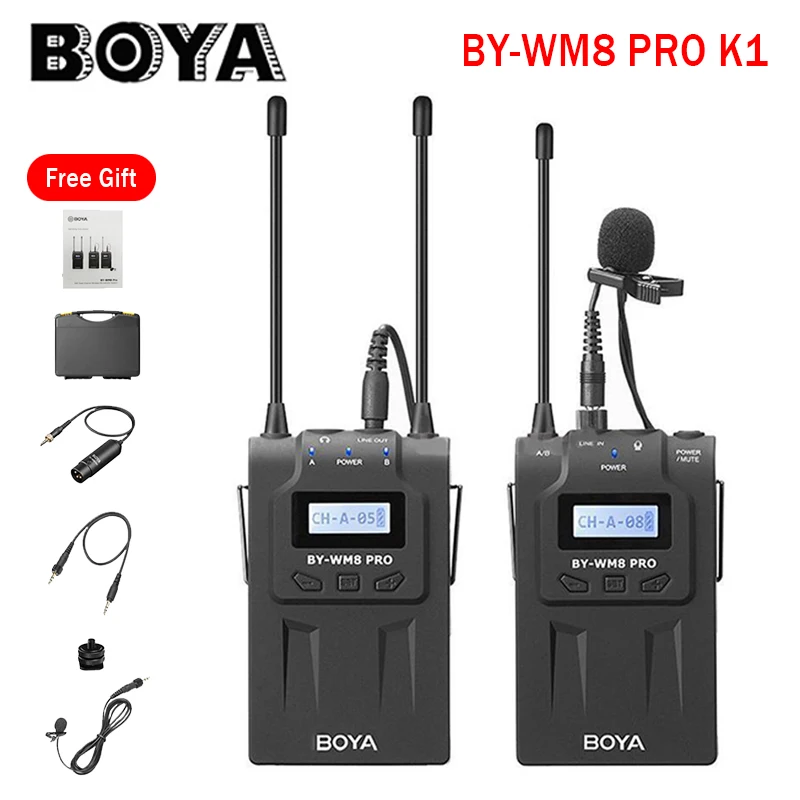 BOYA WM8 Pro-K1K2 UHF Wireless Lavalier Microphone System Audio Video Recorder Receiver for Canon Nikon Sony Camera Professional
BOYA WM8 Pro-K1K2 UHF Wireless Lavalier Microphone System Audio Video Recorder Receiver for Canon Nikon Sony Camera Professional