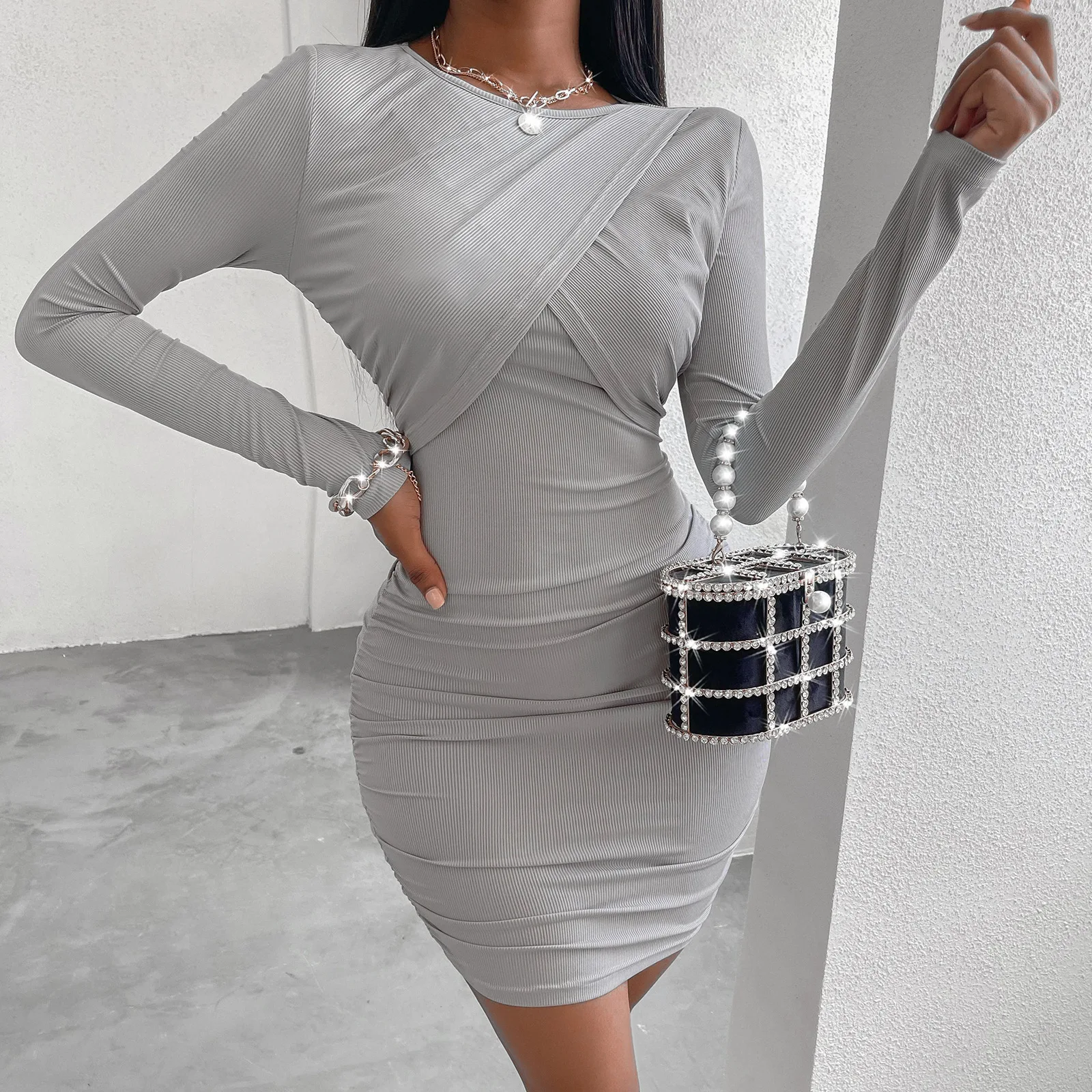 2021 Round Neck Long Sleeve Slim Tight Dress Short Skirt Fashion Sexy Bandage Dress Grey Dress Womens Formal Dresses Mini Dress
2021 Round Neck Long Sleeve Slim Tight Dress Short Skirt Fashion Sexy Bandage Dress Grey Dress Womens Formal Dresses Mini Dress