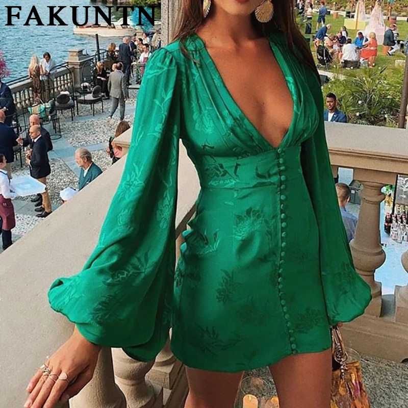 FAKUNTN Women's Dress 2021 Fashion Green Sexy Deep V-Neck Lantern Sleeve A-Line Mini Dresses Party Vintage Dress Women Clothes
FAKUNTN Women's Dress 2021 Fashion Green Sexy Deep V-Neck Lantern Sleeve A-Line Mini Dresses Party Vintage Dress Women Clothes