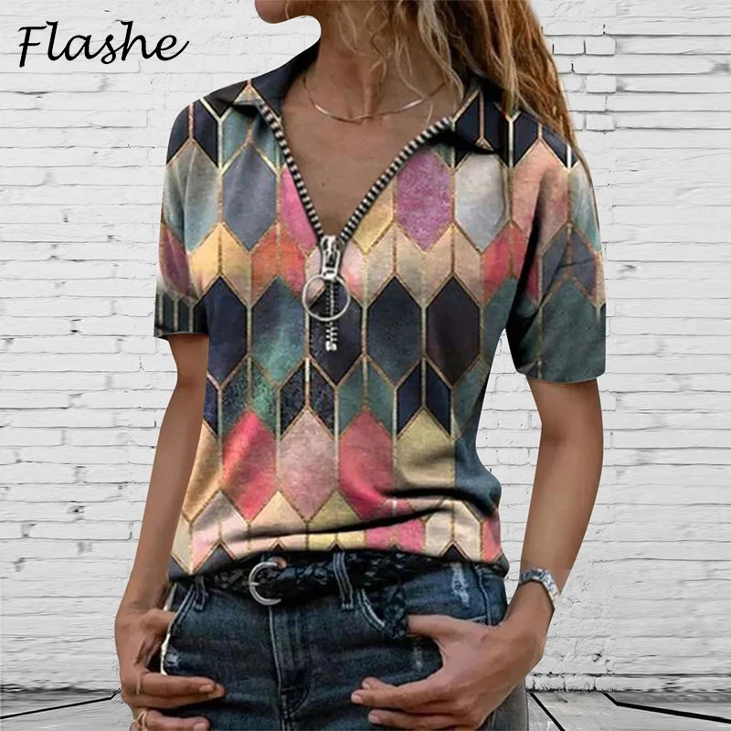 Women's T-Shirt 2021 New Summer Printed Woman Tops Deep V Neck Zipper Female T Shirt Casual Short Sleeve Office Ladies Tops
Women's T-Shirt 2021 New Summer Printed Woman Tops Deep V Neck Zipper Female T Shirt Casual Short Sleeve Office Ladies Tops