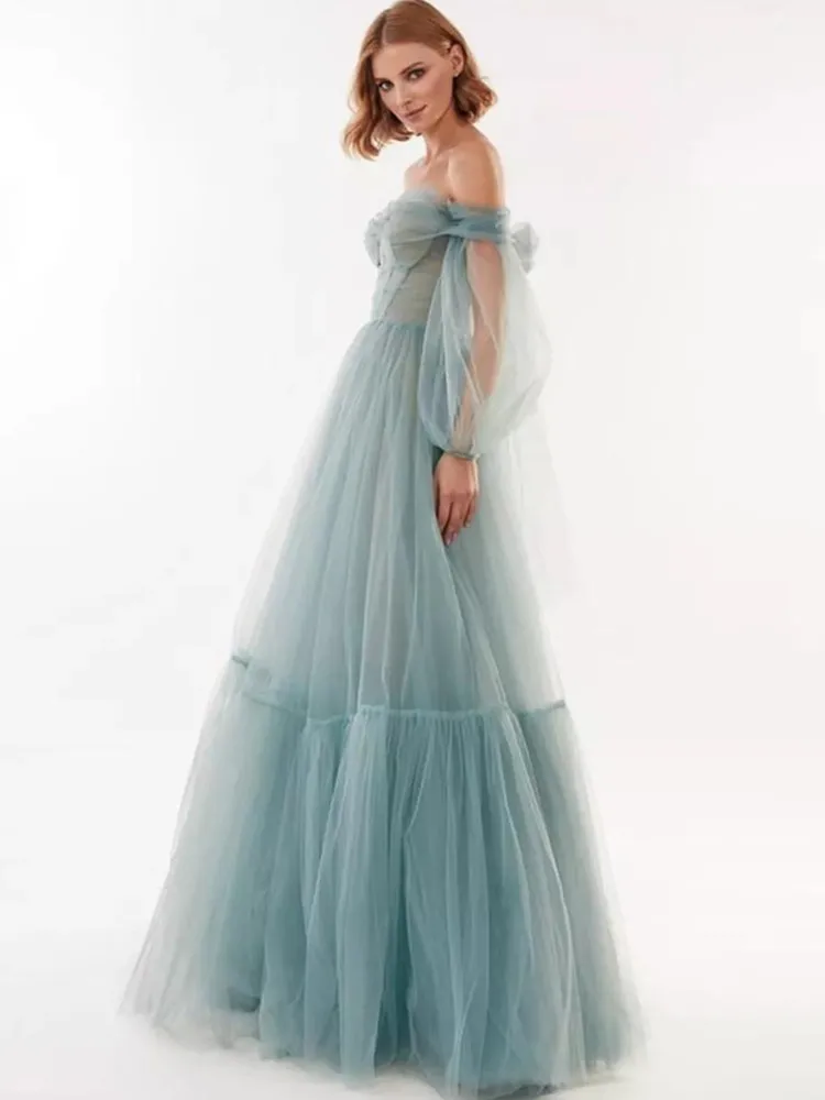 Элегантное пыльное синее вечернее платье с открытыми плечами пышные платья для