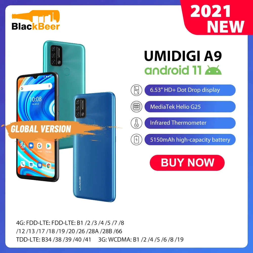 UMIDIGI A9 Android 11 4G SmartPhone 6.53" Global Version Mobile Phone Octa Core Helio G25 Cellphone 13MP AI Triple Camera 5150mA
UMIDIGI A9 Android 11 4G SmartPhone 6.53" Global Version Mobile Phone Octa Core Helio G25 Cellphone 13MP AI Triple Camera 5150mA