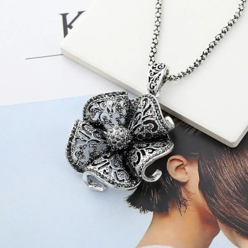 Vintage Black Blue Crystal Flower Drop Necklaces & Pendants For Women Long Necklace Jewelry Dress Sweater Accessories Gifts | Украшения