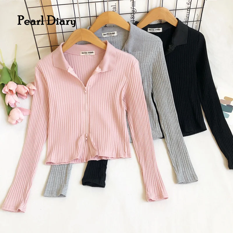 

Pearl Diary Women Autumn Solid Color Blouse Rib Zipper Front Long Sleeve Casual Crop Blouse Sporty Short Cardigans