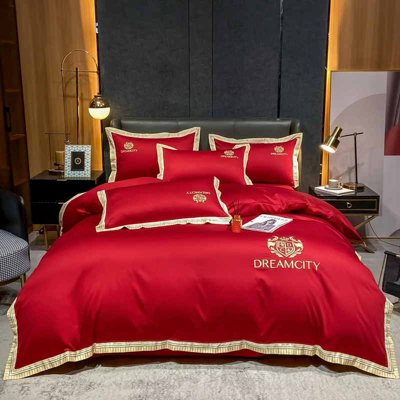 Red Cotton Bedding Set Luxury 4pcs Gold Embroidery Solid Color Duvet Cover Bedspread Bed Sheet Pillowcases Home Textile
Red Cotton Bedding Set Luxury 4pcs Gold Embroidery Solid Color Duvet Cover Bedspread Bed Sheet Pillowcases Home Textile