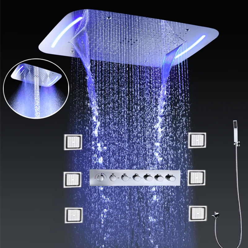 

Bathroom LED Shower Set SPA Misty Waterfall Rainfall ShowerHead Panel Thermostatic Mixer Rain Bath Faucet With Massage Body Jets