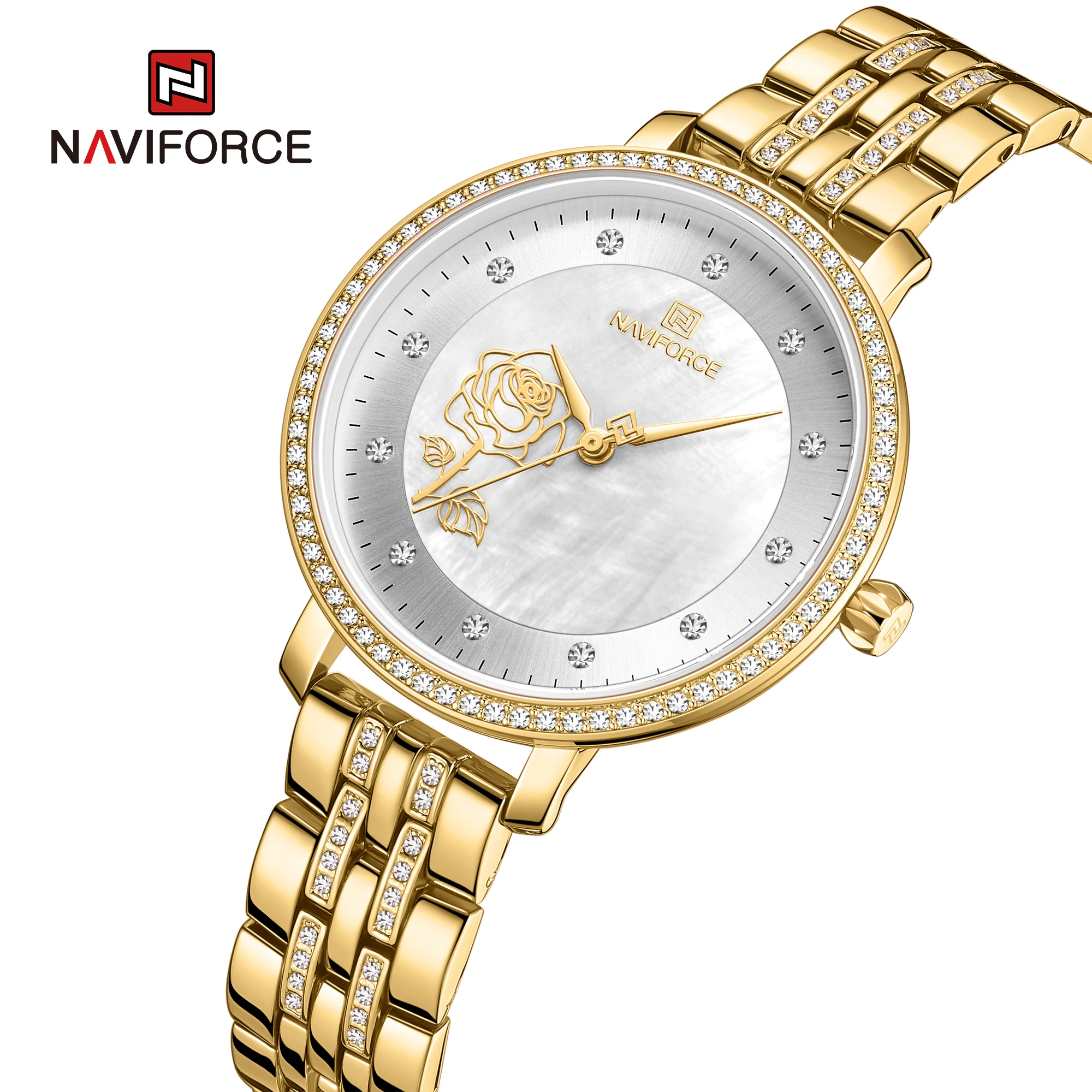 NAVIFORCE Топ бренд браслет часы для женщин золотой Нержавеющая Сталь элегантный оригинальный Стразы циферблат Модные женские наручные часы
NAVIFORCE Топ бренд браслет часы для женщин золотой Нержавеющая Сталь элегантный оригинальный Стразы циферблат Модные женские наручные часы