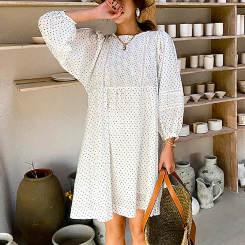 Женское Хлопковое платье с круглым вырезом, рукавом-фонариком и принтом
Женское Хлопковое платье с круглым вырезом, рукавом-фонариком и принтом